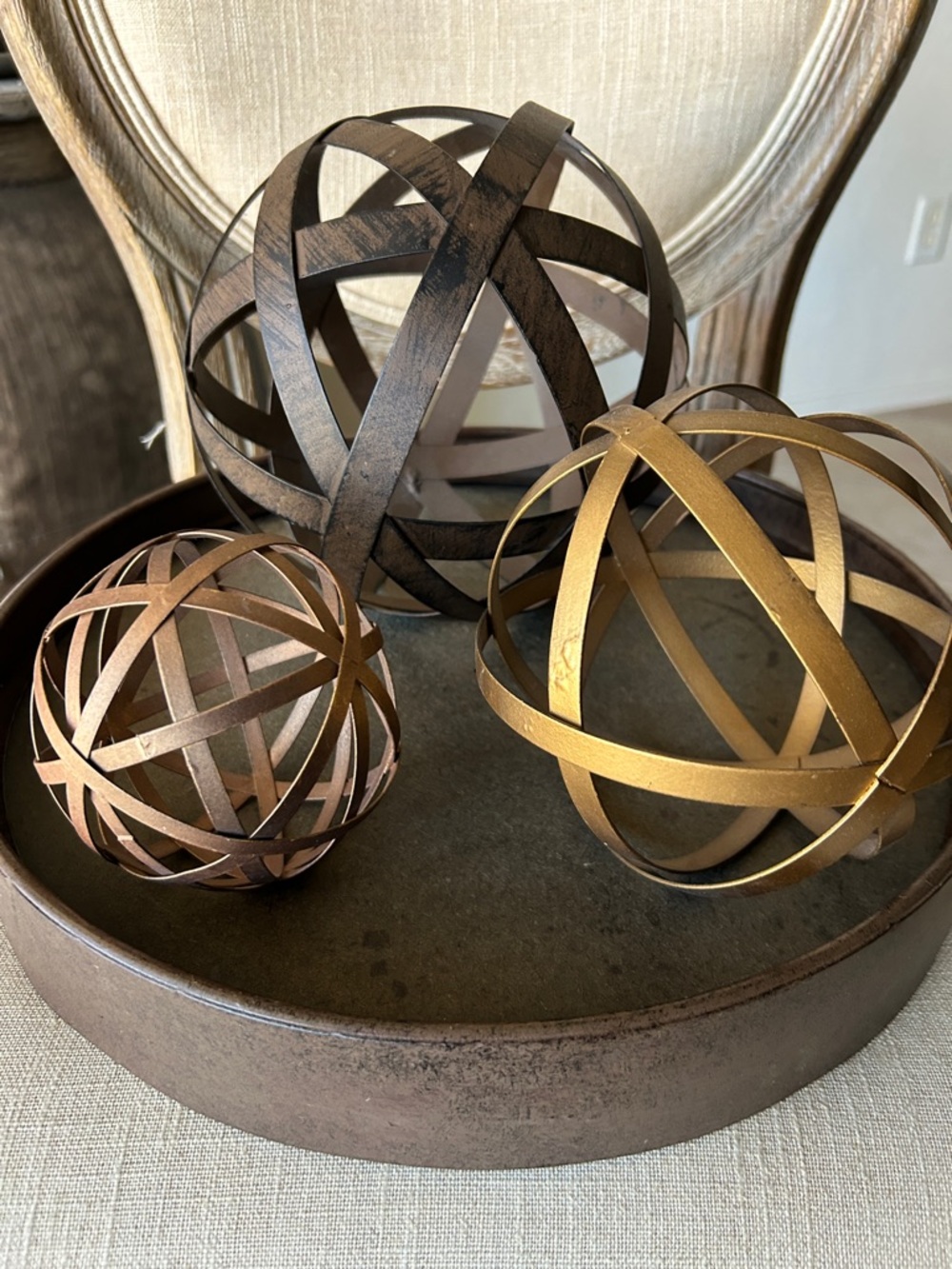 Decorative Metal Orb Trio in Bronze and Gold